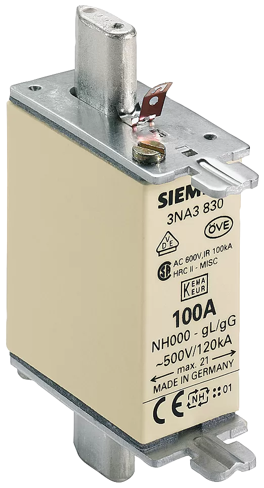 Siemens NH-Sicherungseinsatz, NH000, In: 100 A, gG, Un AC: 500 V, Un DC: 250 V 3NA3830