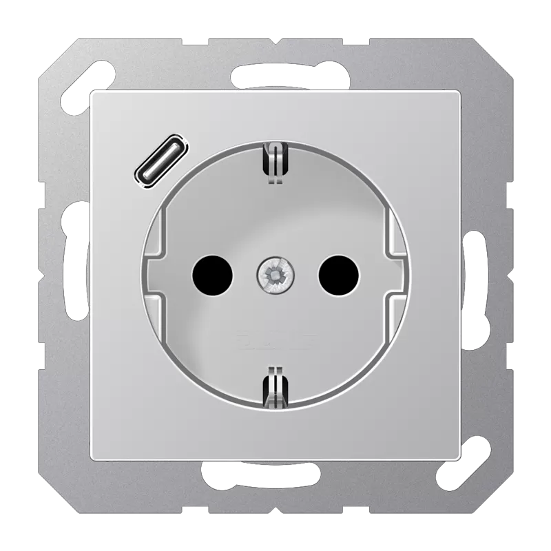 Jung SCHUKO Steckdose 16 A 250 V ~, mit USB-Ladegerät 1 x Typ C, integrierter erhöhter Berührungsschutz, Serie A, aluminium A1520-18CAL