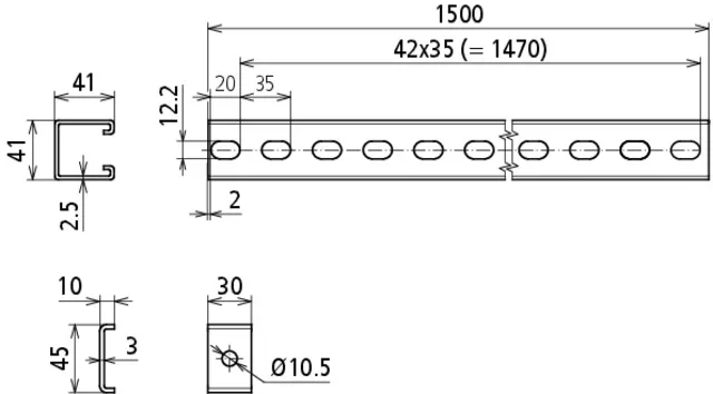 Dehn C-Montageschienen L 1500mm NIRO (V4A) mit Halteklammern, Schrauben und Muttern 123051