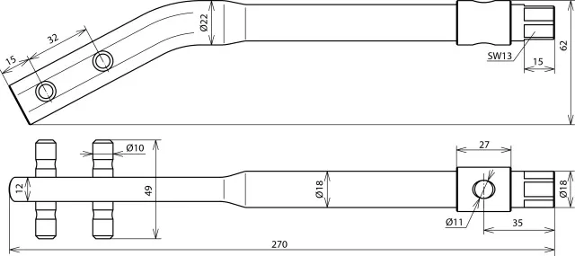 Dehn Richteisen gekröpft St/brüniert f. Rd 8-10mm m. Steckschlüssel SW13 595000