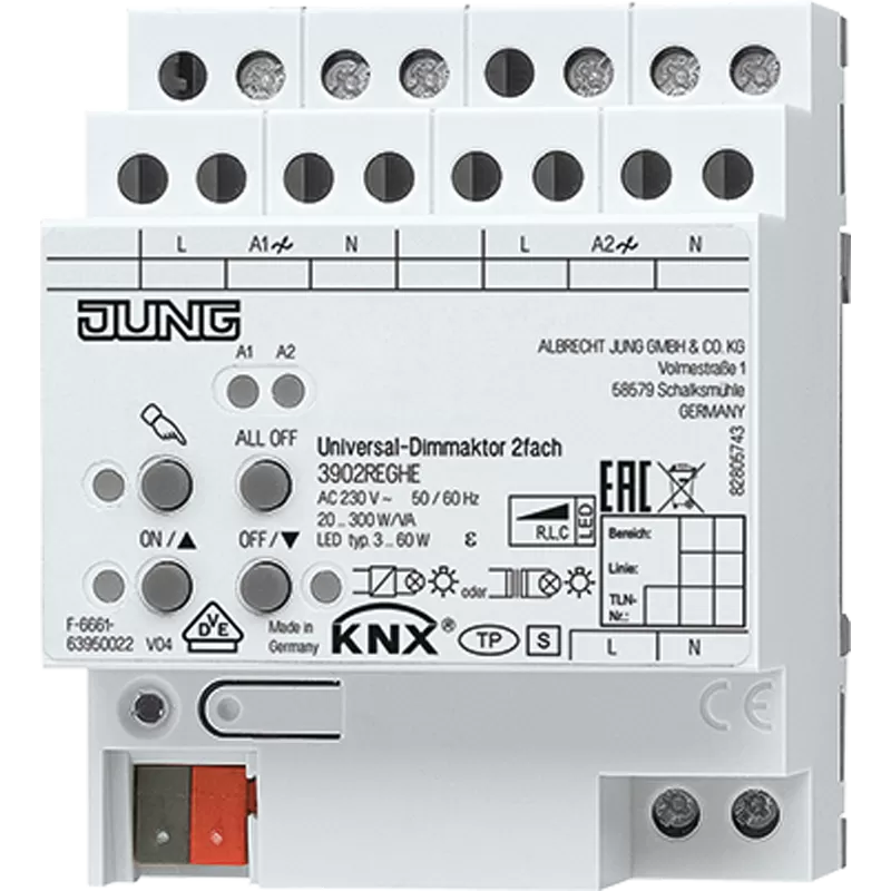 Jung KNX LED-Universal-Dimmaktor, AC 110 ... 230 V ~, 50/60 Hz, 4 TE 3902REGHE