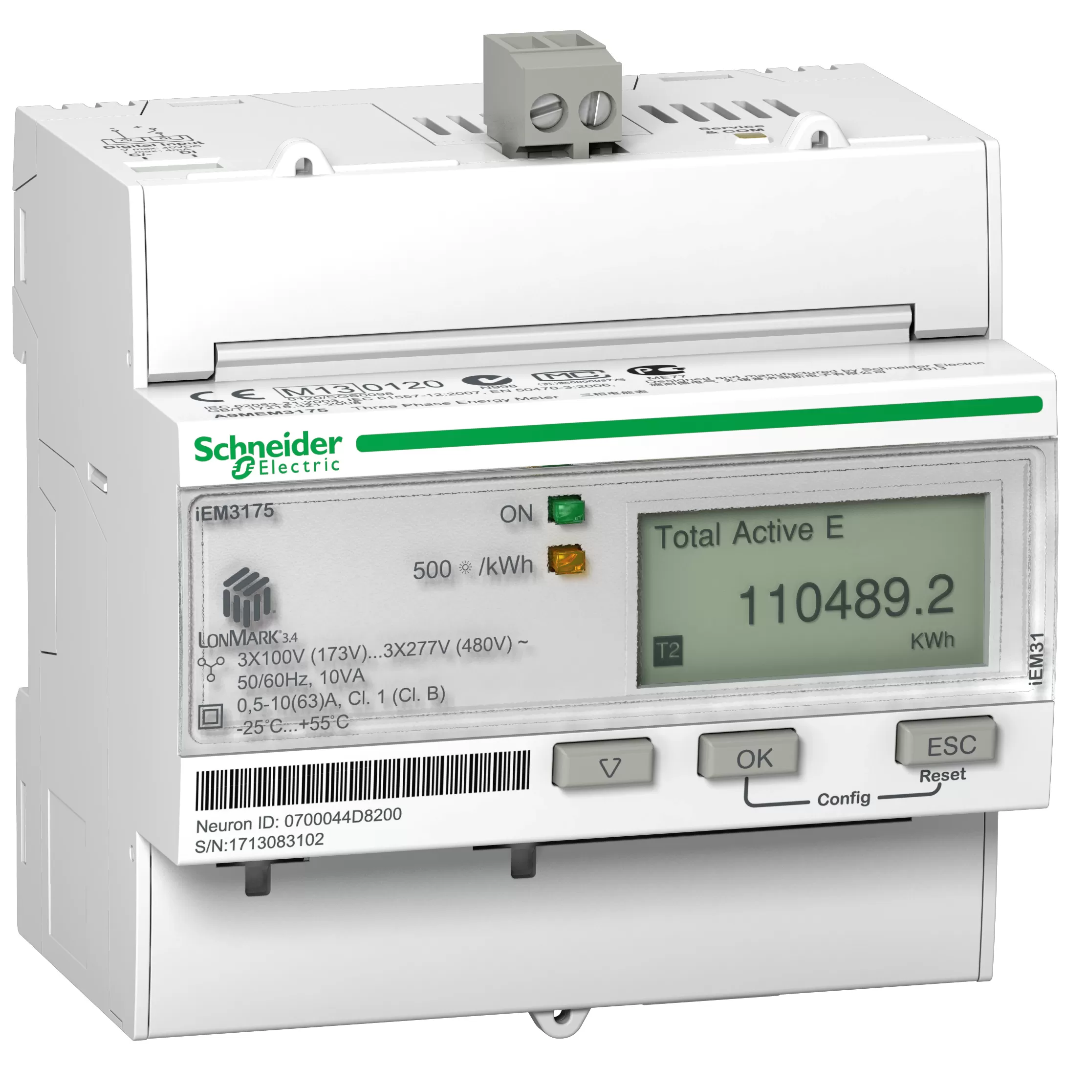 Schneider Electric Energiezähler, 3-phasig, 63A, erweiterte Messfunktion, LON, 1E, MID konform A9MEM3175