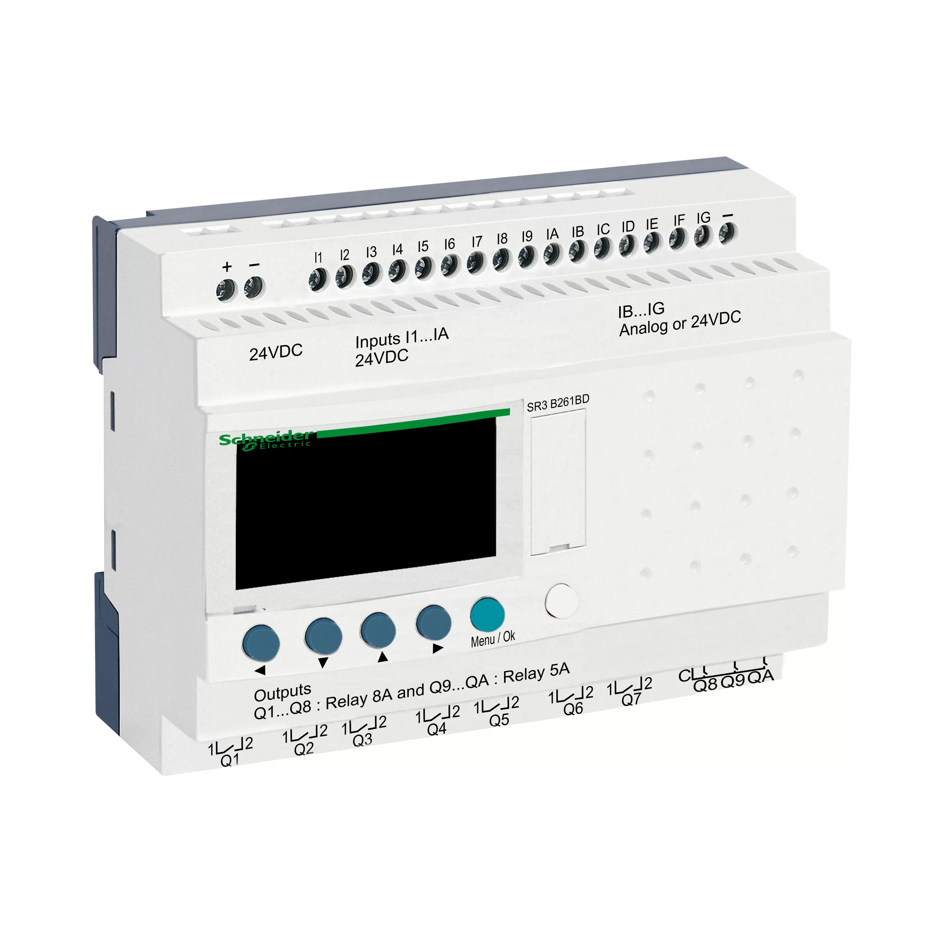 Schneider Electric SPS-Steuerrelais, Zelio Logic, modulare Ausführung, 26 E/A, 24 VDC, Display, Uhr, Relaisausgänge SR3B261BD