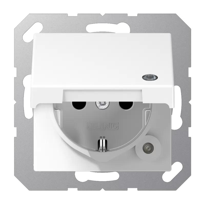 Jung SCHUKO Steckdose, 16 A 250 V ~, mit Funktionsanzeige, integrierter erhöhter Berührungsschutz, Klappdeckel, Thermoplast, Serie A, alpinweiß A1520BFKLKOWW