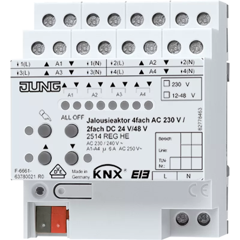 Jung KNX Jalousieaktor 4fach AC 110-230 V, 2fach DC 12-48 V, Behangkorrektur für untere Endlage 2514REGHE