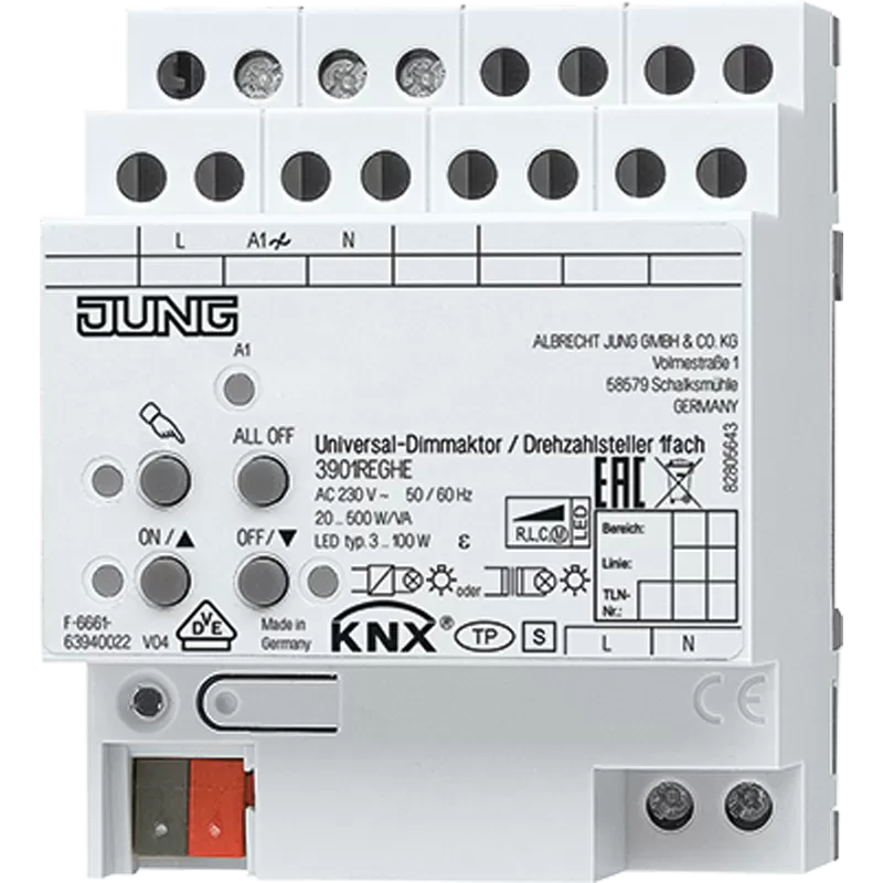 Jung KNX LED-Universal-Dimmaktor / Drehzahlsteller, 1fach, AC 110 ... 230 V ~, 50/60 Hz, 4 TE 3901REGHE