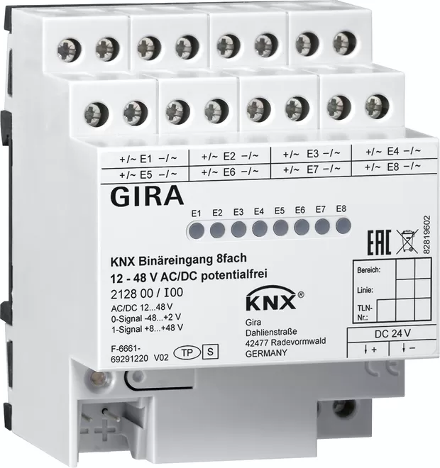 Gira Binäreing. 8f 12 - 48 V AC/DC pot.frei KNX REG 212800