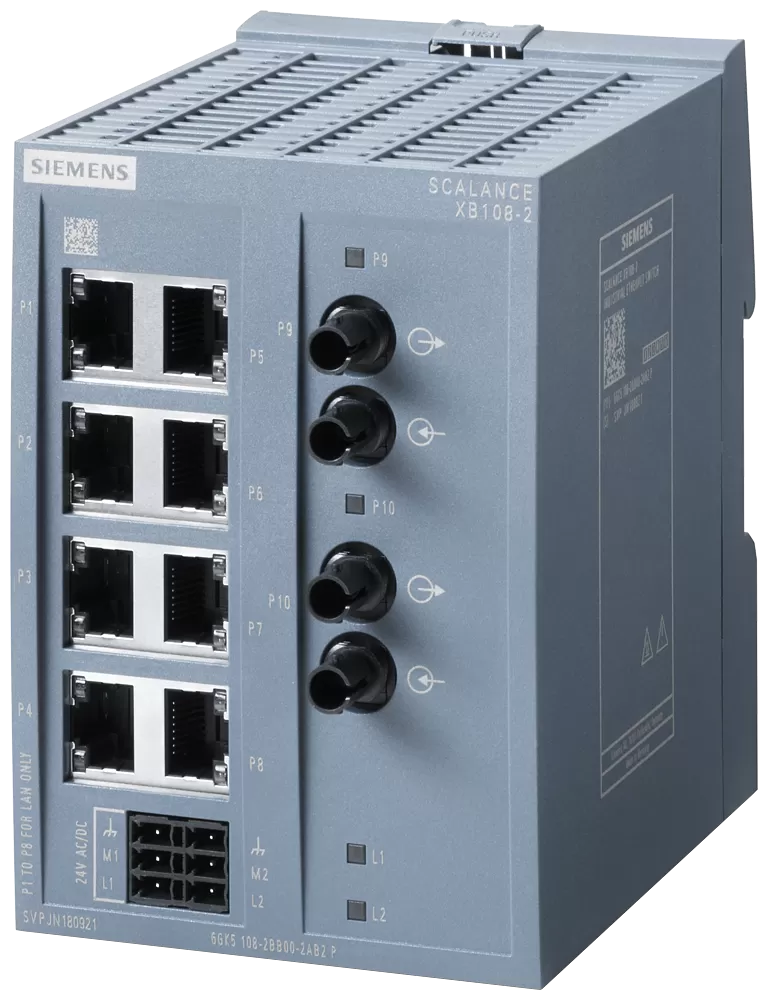 Siemens SCALANCE XB108-2, unmanaged Switch, 8x 10/100 Mbit/s Ports,2x 100 Mbit/s MM BFOC 6GK51082BB002AB2