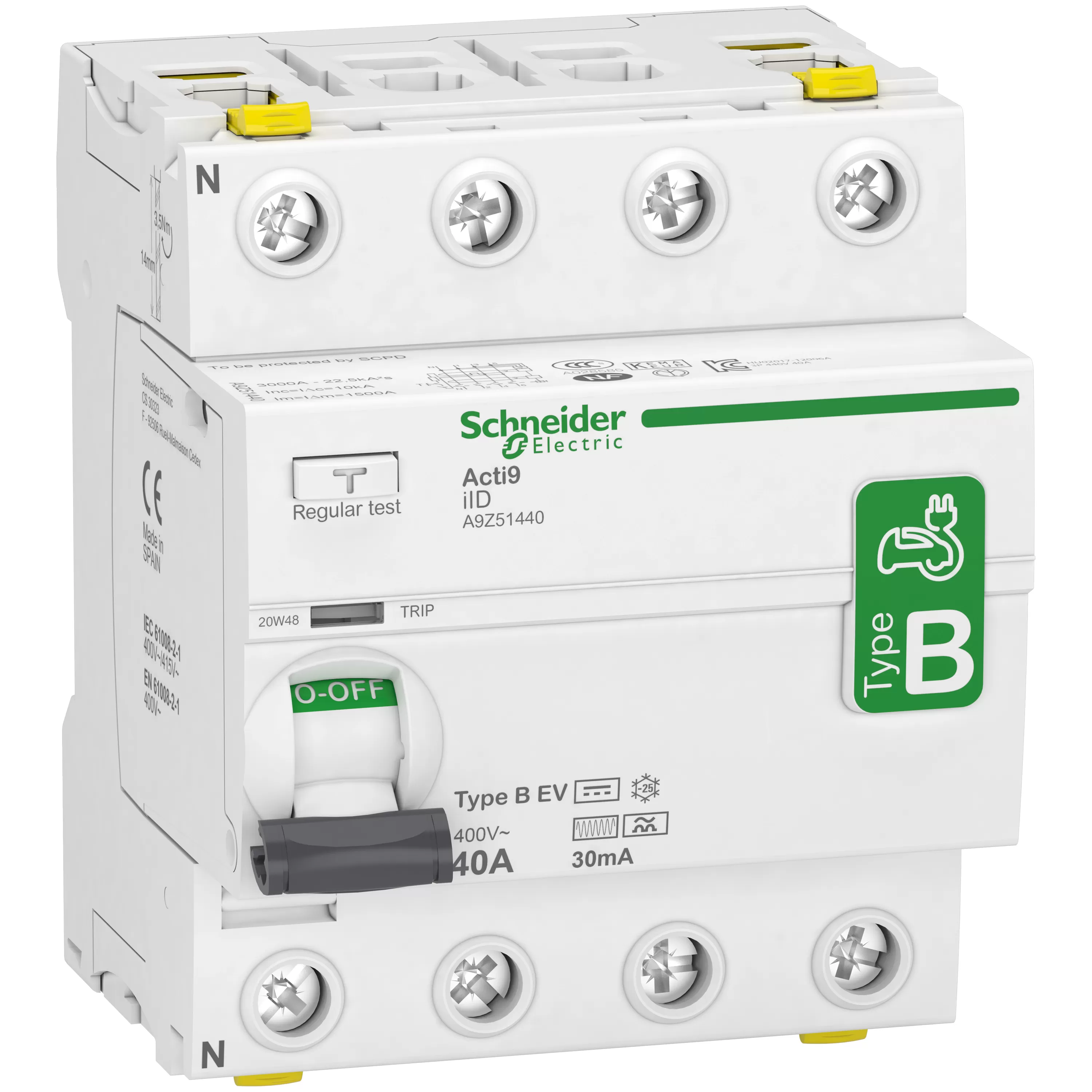 Schneider Electric Fehlerstrom-Schutzschalter Elektroladestation iID, 4P, 40A, Typ B-EV, 30mA A9Z51440