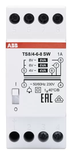 ABB TS8/4-6-8SW Klingeltrafo 230V 8VA,4-6-8V,EIN/AUS Schalter 2CSM081012R0811