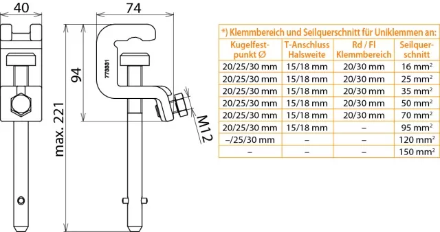 Dehn Universalklemme D 25/30mm T 18mm Rd/Fl 30mm m. Spindel-Querstift lang 773331