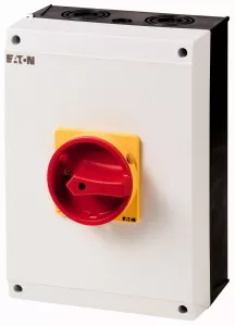 Eaton Sicherheitsschalter, P3, 100 A, 3-polig, NOT-AUS-Funktion, mit rotem Drehgriff und gelbem Sperrkranz, abschließbar in 0-Stellung mit Deckelverriegelun 207386