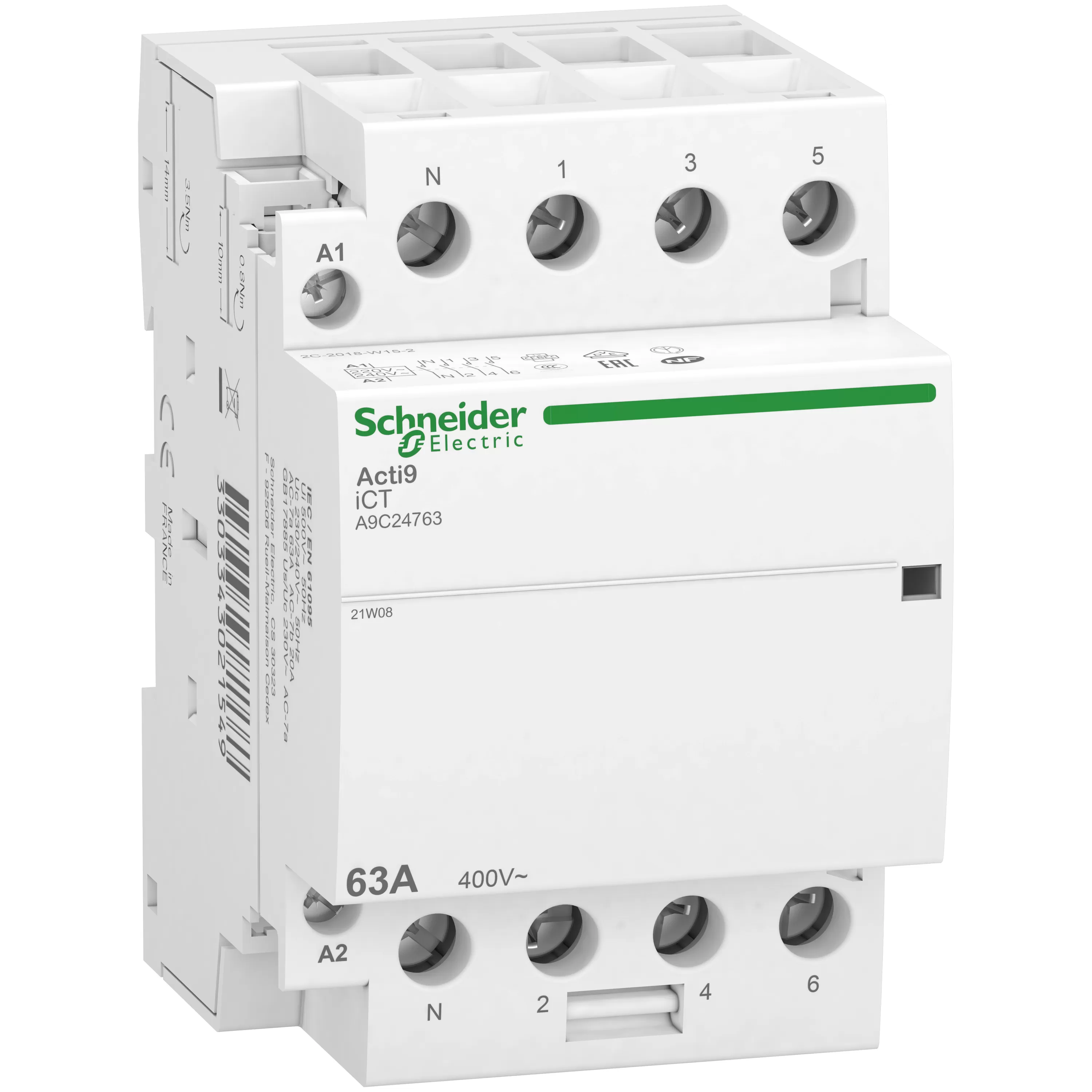 Schneider Electric Installationsschütz iCT, 63A, 3P+N, 4-Schließer Kontakte, 220/240V 50Hz A9C24763